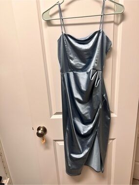 Windsor Satin Cowl Midi Dress in Steel Blue